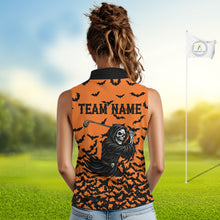 Load image into Gallery viewer, Black and Orange Bats Halloween Skull Reaper Golf Sleeveless Polo Shirt Custom ladies golf top NQS10756