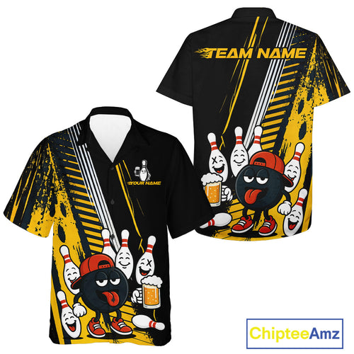 Custom Black and Yellow Funny Bowling And Beer Team Hawaiian bowling jersey, button up bowling shirts NQS10965