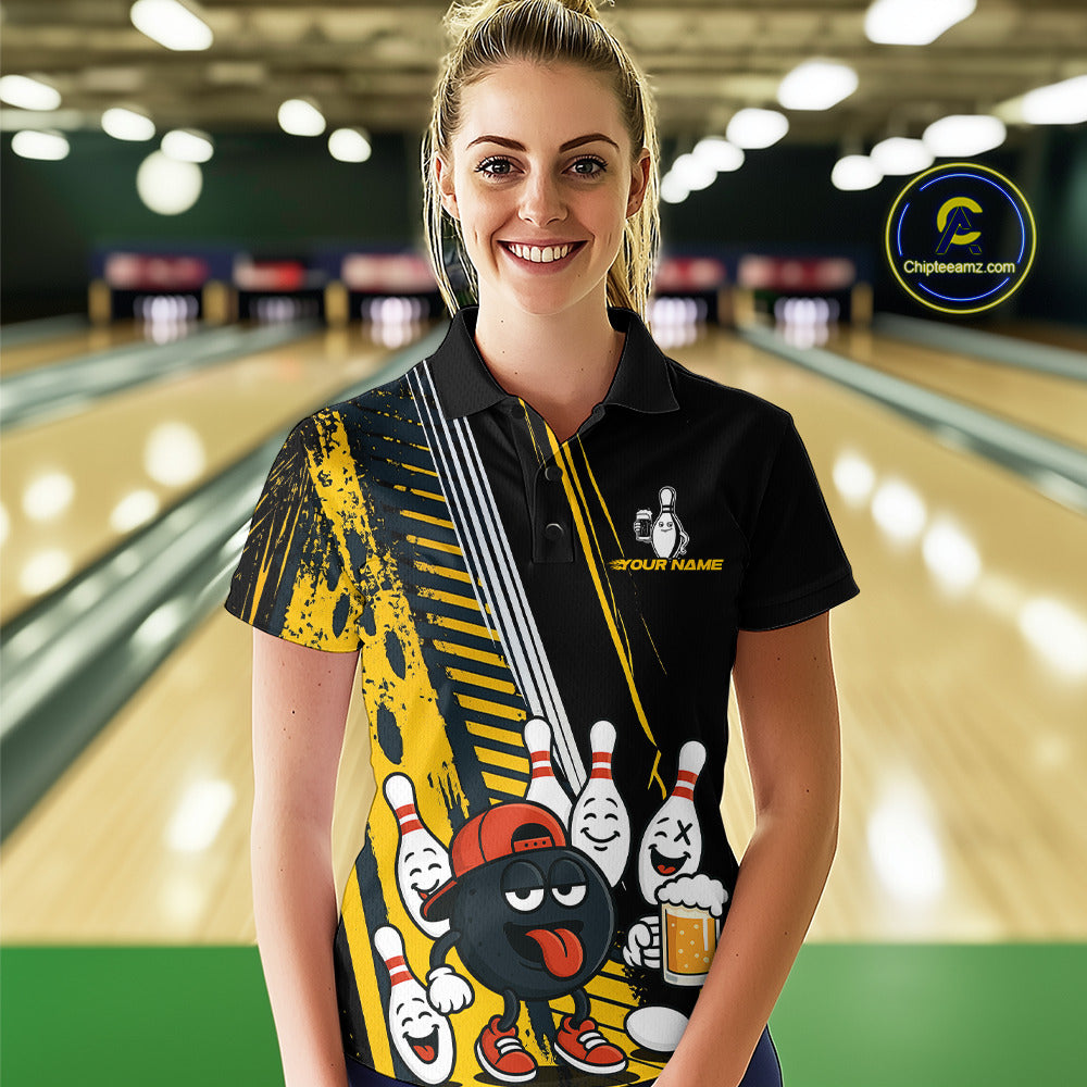 Custom Black and Yellow Funny Bowling And Beer Team Bowling Shirts ladies, bowling outfits for women NQS10965