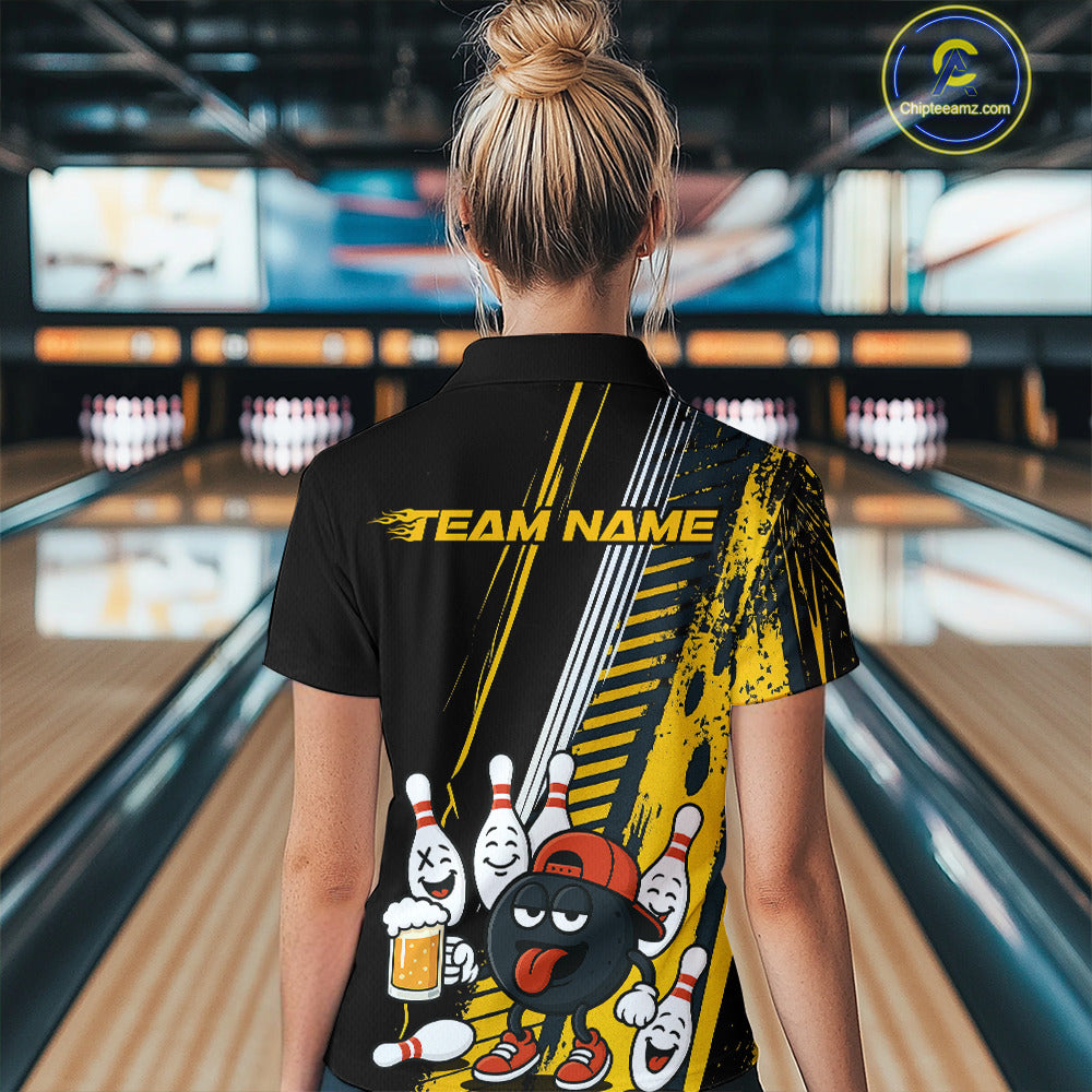 Custom Black and Yellow Funny Bowling And Beer Team Bowling Shirts ladies, bowling outfits for women NQS10965