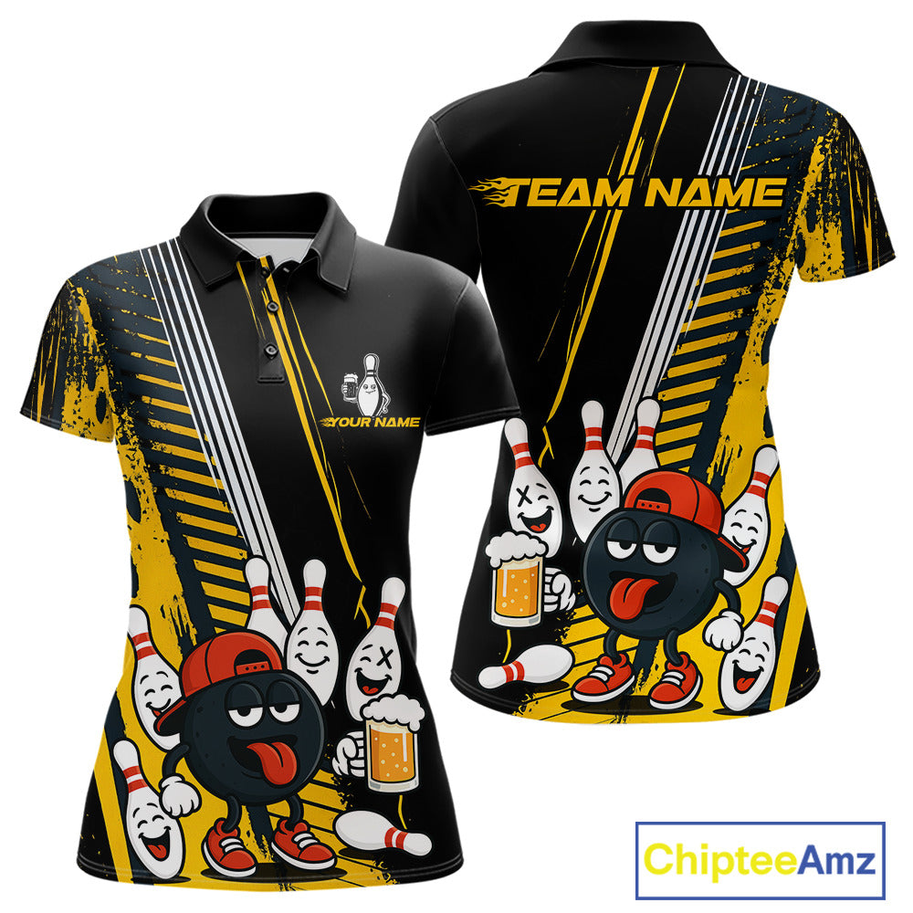 Custom Black and Yellow Funny Bowling And Beer Team Bowling Shirts ladies, bowling outfits for women NQS10965