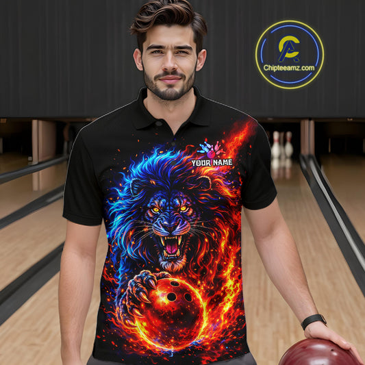 Red and Blue Flame Lion Bowling Shirts For Men Custom Fire Lion Team Bowling jersey NQS11347