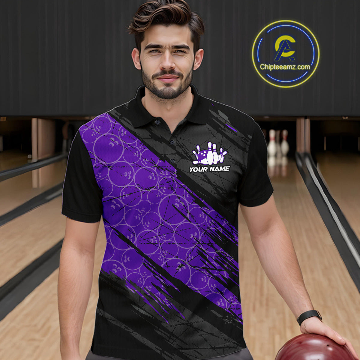 Black and Purple Bowling Camo Polo, 1/4 Zip Shirts for Men Custom Bowling Team League Jerseys NQS11700