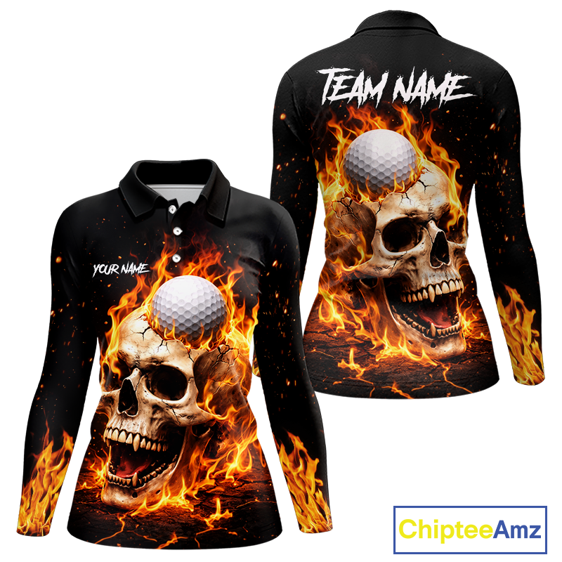 Flame Skull Golf Polo shirts for Women custom Skull Fire team golf shirts, golf gifts for ladies NQS11576