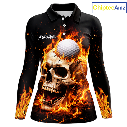Flame Skull Golf Polo shirts for Women custom Skull Fire team golf shirts, golf gifts for ladies NQS11576
