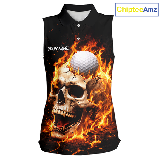 Flame Skull Sleeveless Golf Polo shirt custom Skull Fire team golf shirts, golf gifts for ladies NQS11576