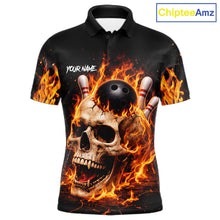 Load image into Gallery viewer, Flame Skull Bowling Polo, 1/4 zip shirts for men custom Skull team Bowling uniforms league jerseys NQS11577