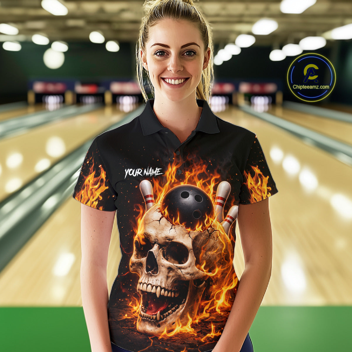 Flame Skull Bowling Polo, 1/4 zip shirts for Women custom Skull team Bowling uniforms league jerseys NQS11577