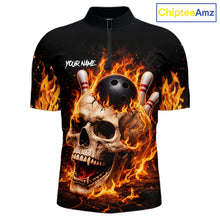 Load image into Gallery viewer, Flame Skull Bowling Polo, 1/4 zip shirts for men custom Skull team Bowling uniforms league jerseys NQS11577