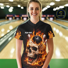 Load image into Gallery viewer, Flame Skull Bowling Polo, 1/4 zip shirts for Women custom Skull team Bowling uniforms league jerseys NQS11577