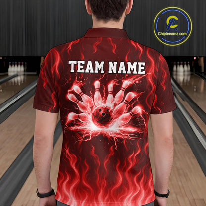 Red flame lightning thunder Bowling polo, quarter zip shirts for men custom Bowling team jerseys NQS10979