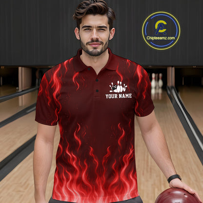Red flame lightning thunder Bowling polo, quarter zip shirts for men custom Bowling team jerseys NQS10979