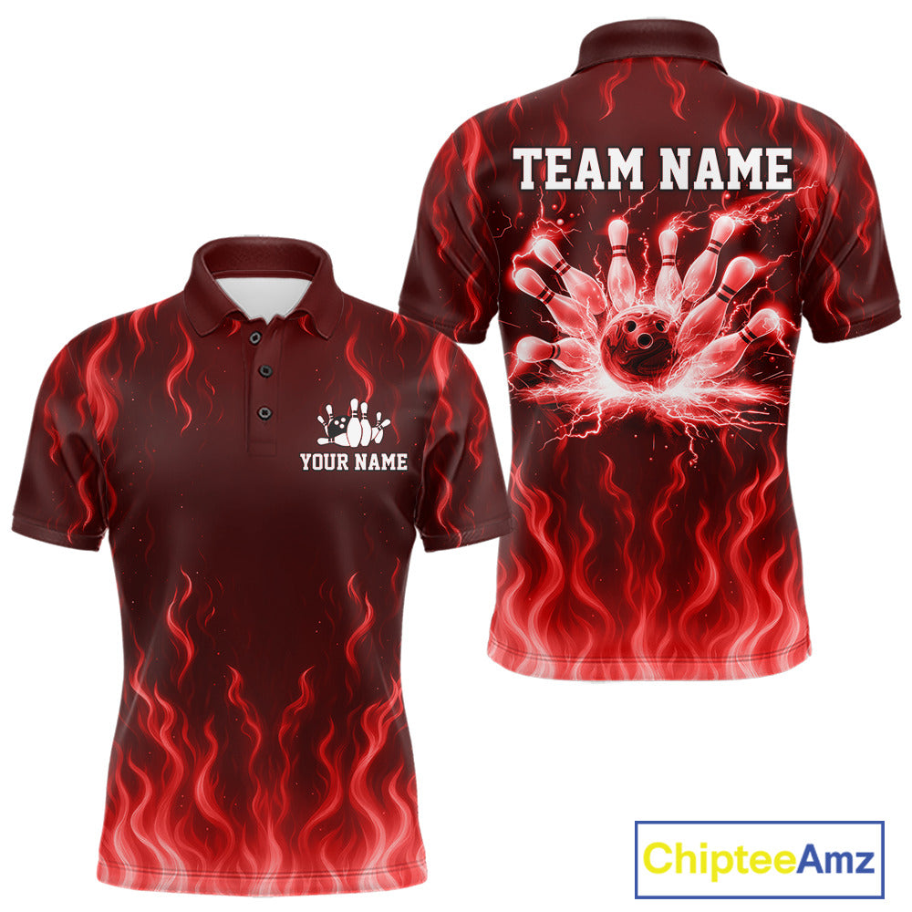 Red flame lightning thunder Bowling polo, quarter zip shirts for men custom Bowling team jerseys NQS10979