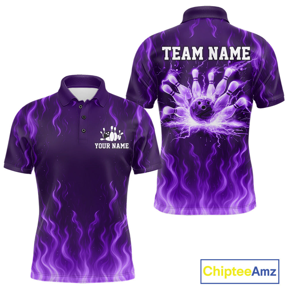 Purple flame lightning thunder Bowling polo, quarter zip shirts for men custom Bowling team jerseys NQS10980
