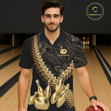 Load image into Gallery viewer, Custom Black and Gold tribal pattern Bowling Button-up Hawaiian Shirt, Team Bowling League jersey NQS11591