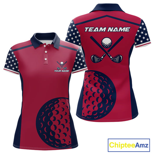 Personalized Red, white & blue US flag Women golf polo shirts custom patriotic golf attire for ladies NQS11387