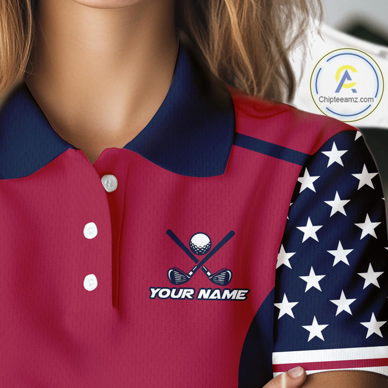 Personalized Red, white & blue US flag Women golf polo shirts custom patriotic golf attire for ladies NQS11387