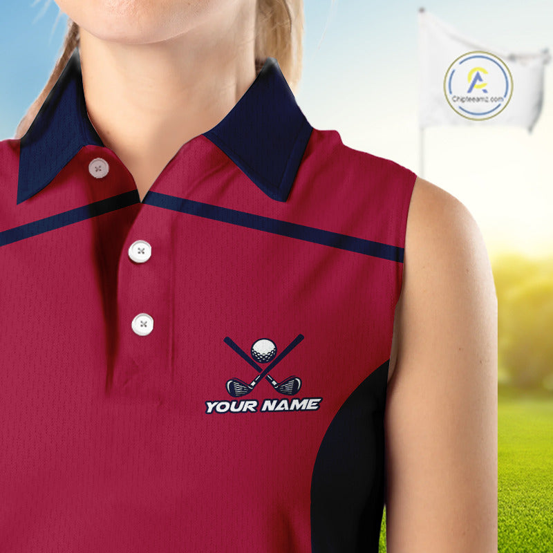 Red, white & blue US flag Womens golf shirts sleeveless custom patriotic golf attire for ladies NQS11387