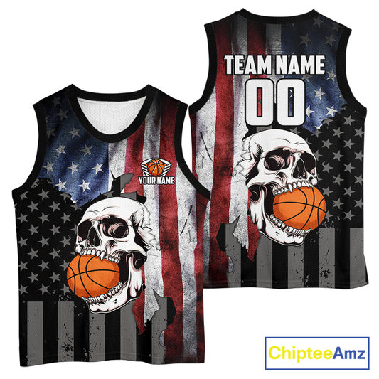 Personalized Skull Basketball Shirts Custom Team's Name American Flag Cool basketball player Jersey NQS11391
