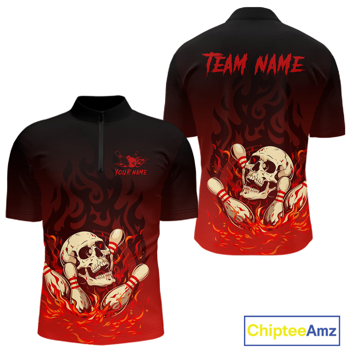 Red Skull Bowling Shirts With Flames custom quarter zip, polo team jerseys, bowling jerseys men NQS10998