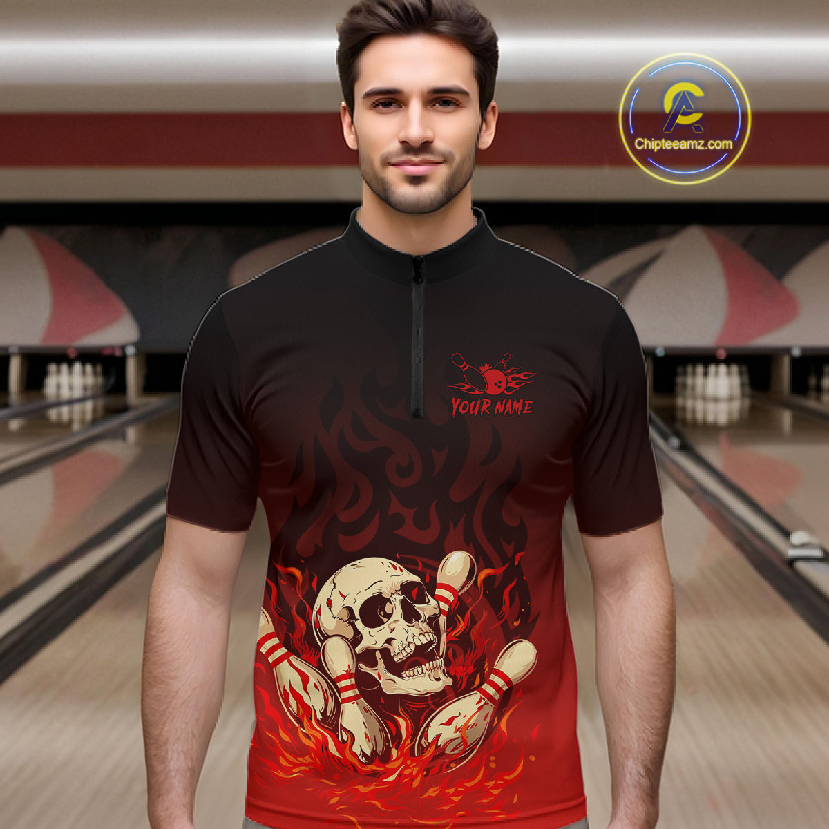 Red Skull Bowling Shirts With Flames custom quarter zip, polo team jerseys, bowling jerseys men NQS10998