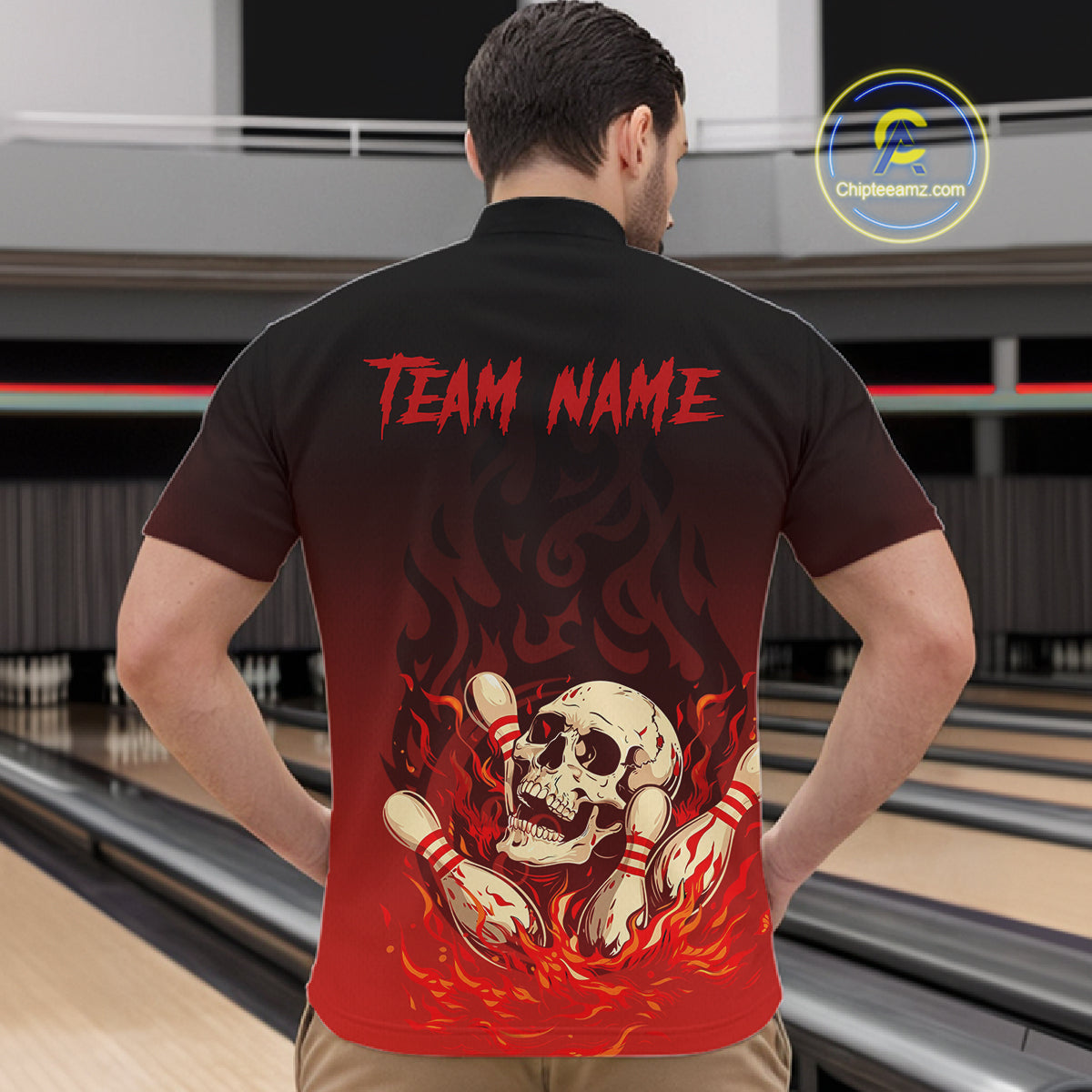 Red Skull Bowling Shirts With Flames custom quarter zip, polo team jerseys, bowling jerseys men NQS10998