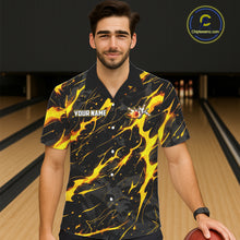 Load image into Gallery viewer, Custom Black &amp; Gold Lightning Thunder Lion Bowling Hawaiian Shirts, Lion Team Bowling League Jerseys NQS11600