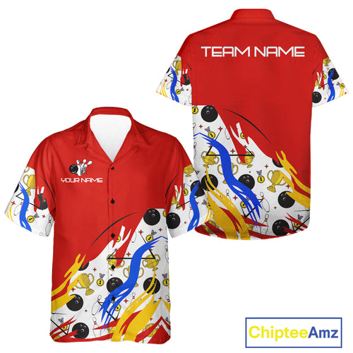 Red Bowling pattern Bowling Team Hawaiian shirt Custom Bowling Button up shirt NQS10825