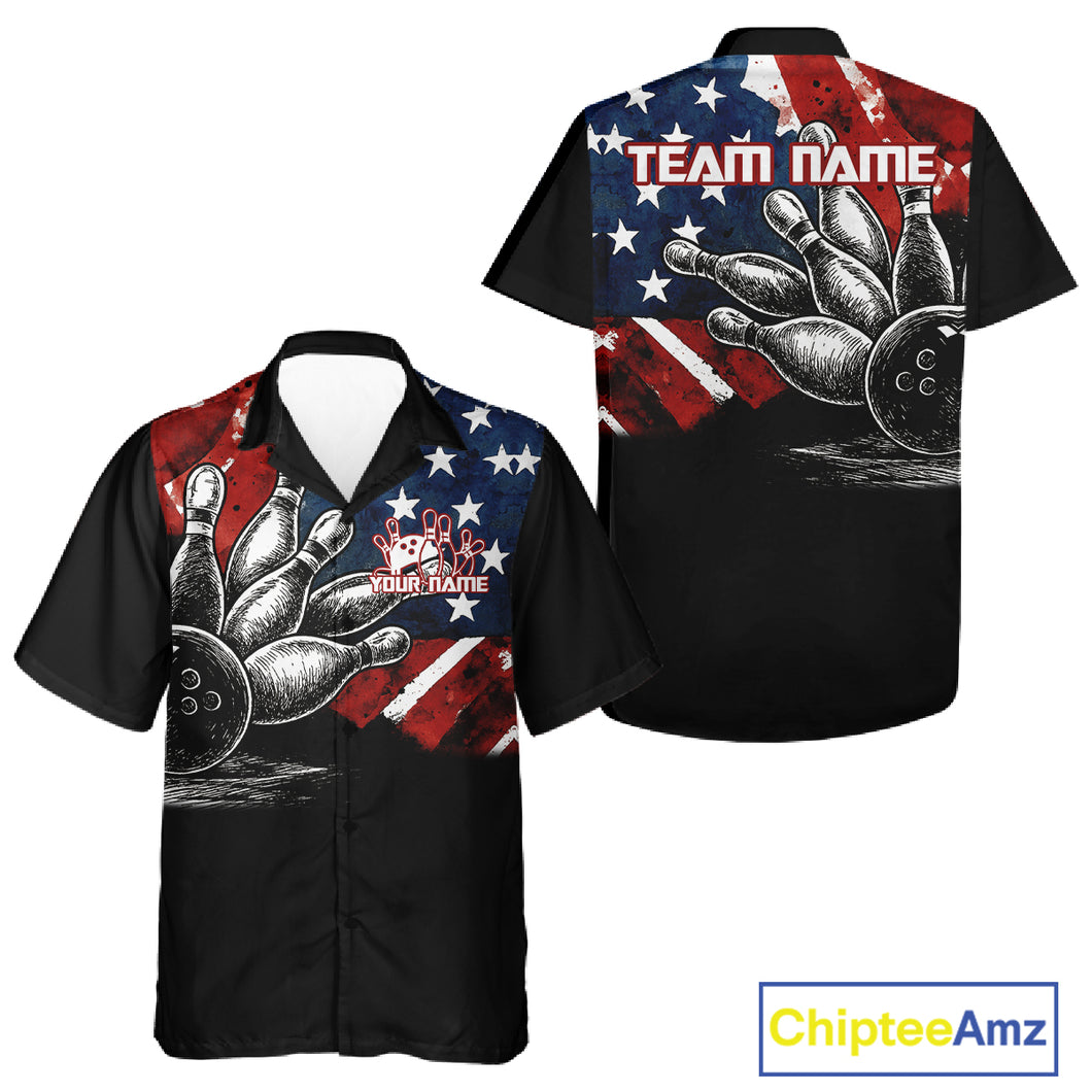 Personalized American Flag Bowling Team Hawaiian Shirts, Patriotic Bowling Gifts NQS10829