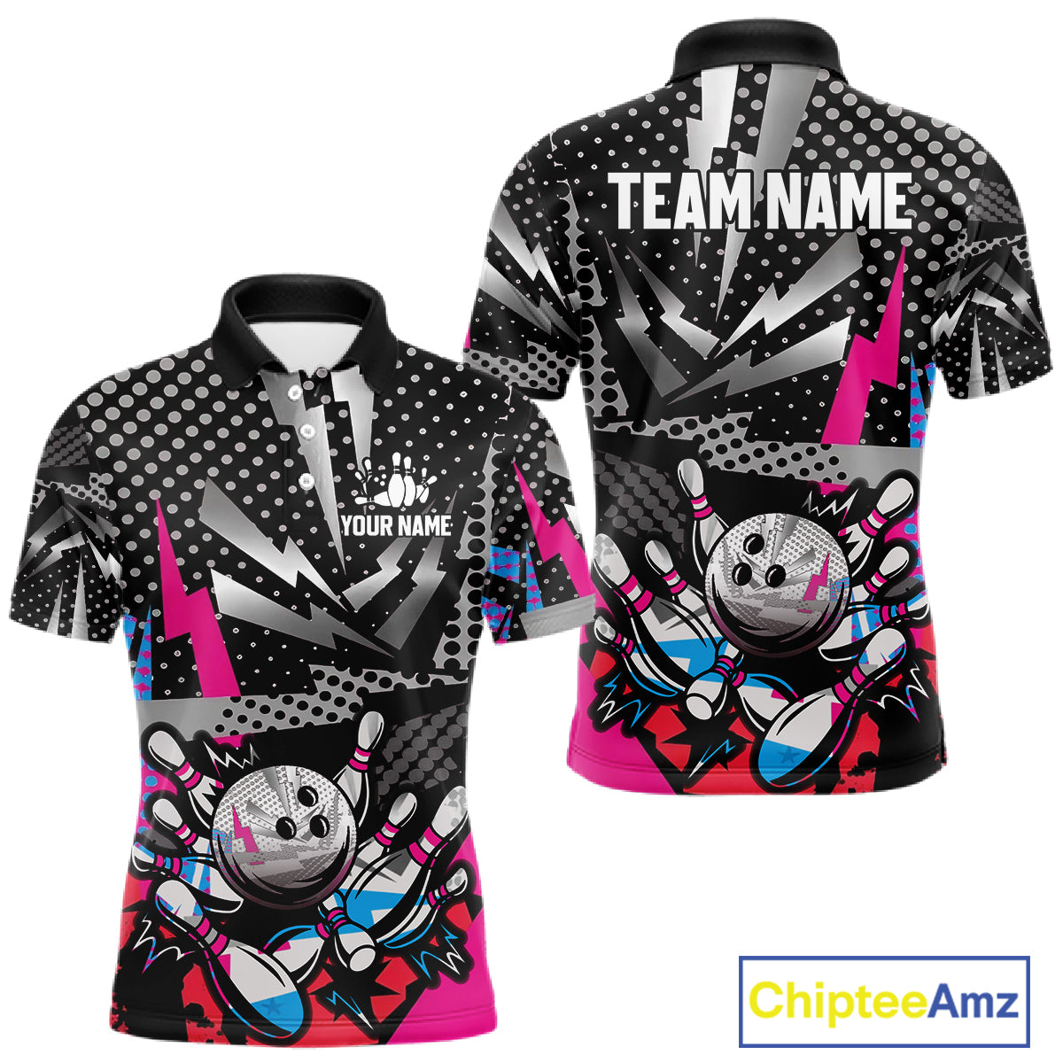 Colorful Lightning pattern Bowling Polo, Quarter Zip Shirts For Men Custom Team Bowling Jerseys NQS11202