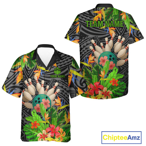 Green tropical flower tribal pattern Hawaiian Bowling Shirts Custom Bowling Team Jerseys Outfit NQS11005