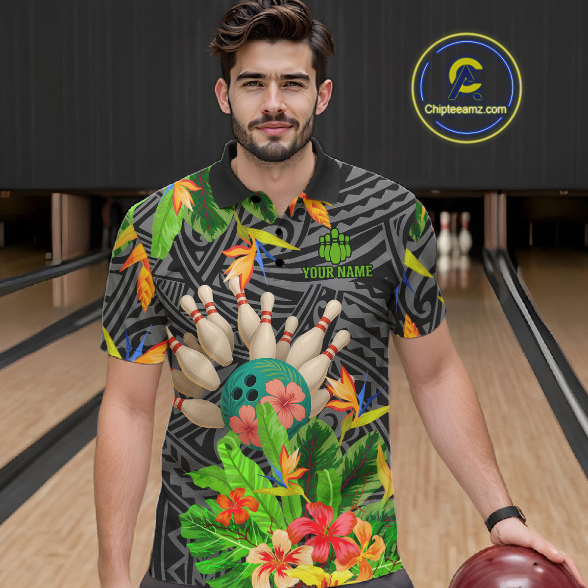 Green tropical flower tribal pattern Bowling Shirts For Men Custom Bowling Team Jersey Bowlers Outfit NQS11005