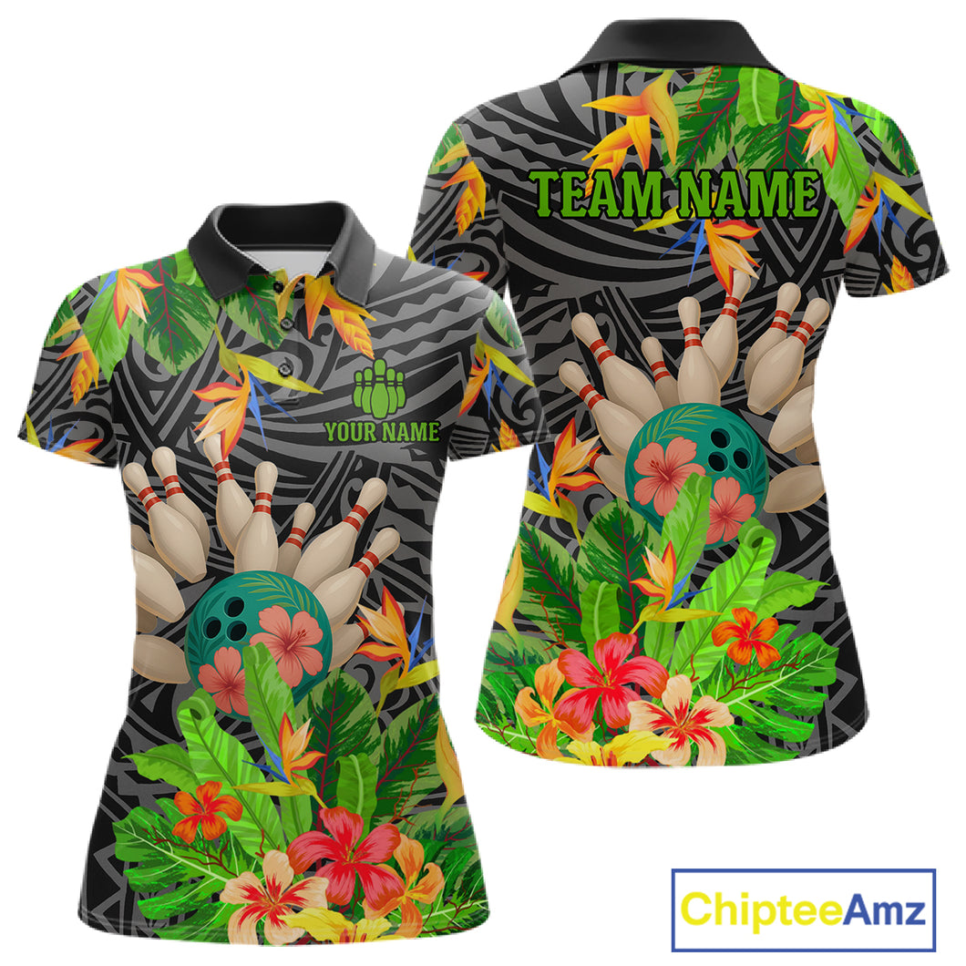 Green tropical flower tribal pattern Bowling Shirts For Women Custom Bowling Team Jerseys Outfit NQS11005