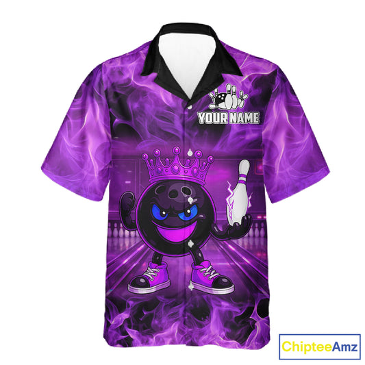 Funny Crown Bowling Purple Flame Bowling Button-up Shirt Custom Hawaiian Bowling Team Jersey NQS11721