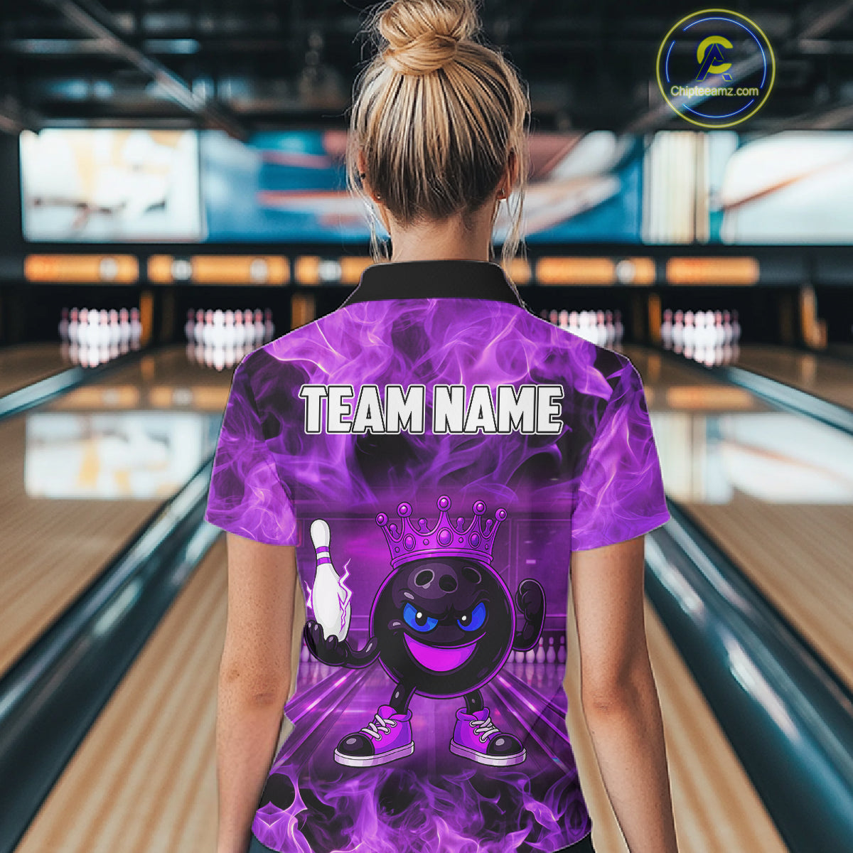 Funny Crown Bowling Purple Flame Bowling Polo, Quarter Zip Shirt For Women Custom Bowling Team Jersey NQS11721