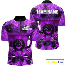 Load image into Gallery viewer, Funny Crown Bowling Purple Flame Bowling Polo, Quarter Zip Shirt For Men Custom Bowling Team Jersey NQS11721