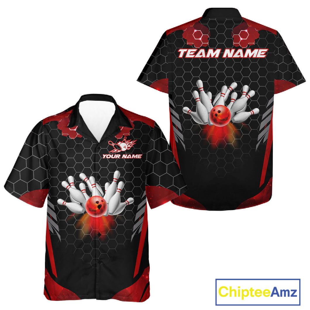Black and Red Hexagon pattern Hawaiian Bowling Jerseys custom bowling team button up shirt with name NQS11020
