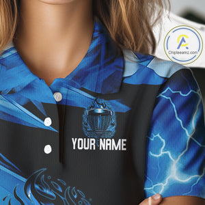 Black and Blue Flame Lightning Thunder Disc golf polo shirts For Women Custom Ladies disc golf attire NQS10846
