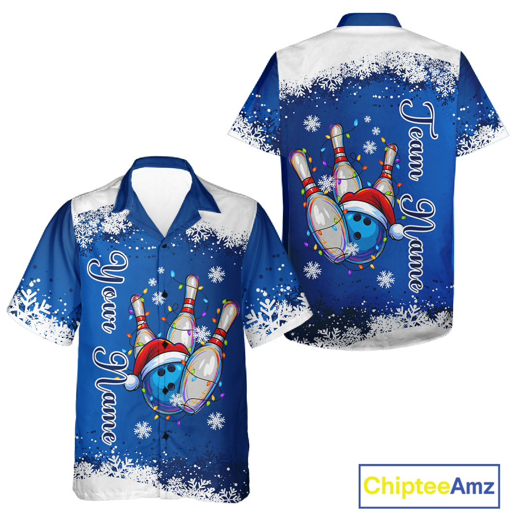 Blue and White snowflake Christmas Hawaiian Bowling Jersey custom Xmas bowling team button-up shirt NQS11026
