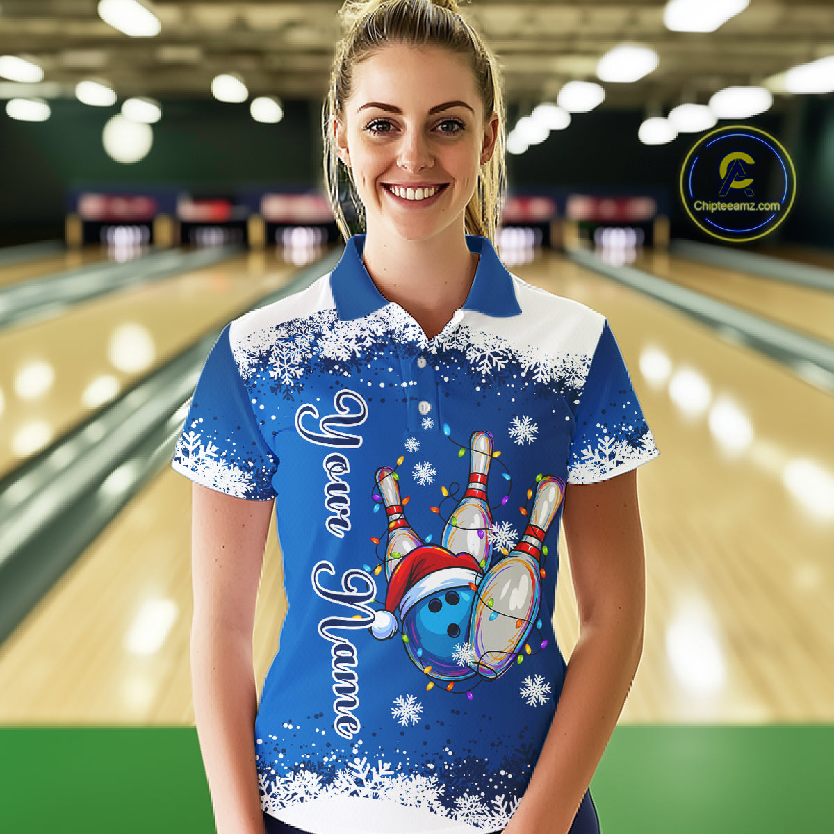 Blue and White snowflake Christmas Bowling Shirts For Women custom Xmas bowling team jersey with name NQS11026