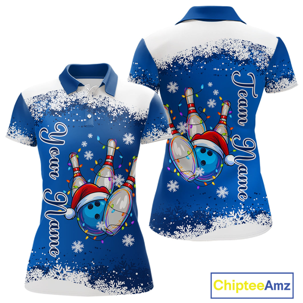 Blue and White snowflake Christmas Bowling Shirts For Women custom Xmas bowling team jersey with name NQS11026