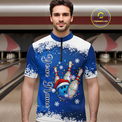 Blue and White snowflake Christmas Bowling Shirts For Men custom Xmas bowling team jersey with name NQS11026
