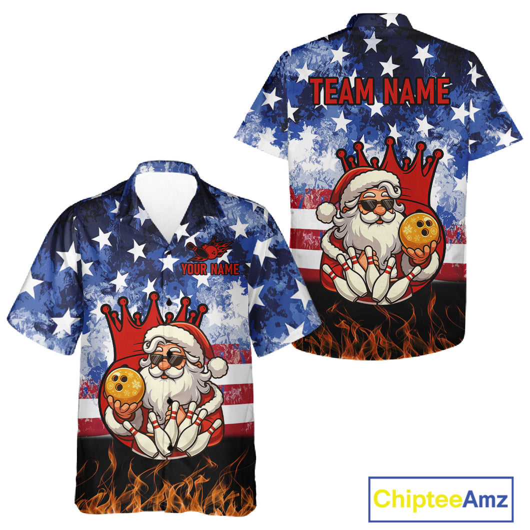 Custom American Flag Flame Funny Santa Christmas Bowling Hawaiian shirt, Bowling Team Jersey NQS11040