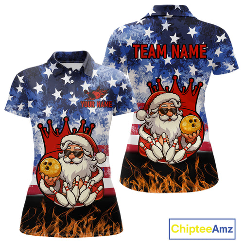 Custom American Flag Flame Funny Santa Christmas Bowling Shirts For Women, Bowling Team Jersey NQS11040