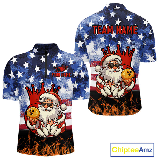 Custom American Flag Flame Funny Santa Christmas Bowling Shirts For Men, Bowling Team Jersey NQS11040