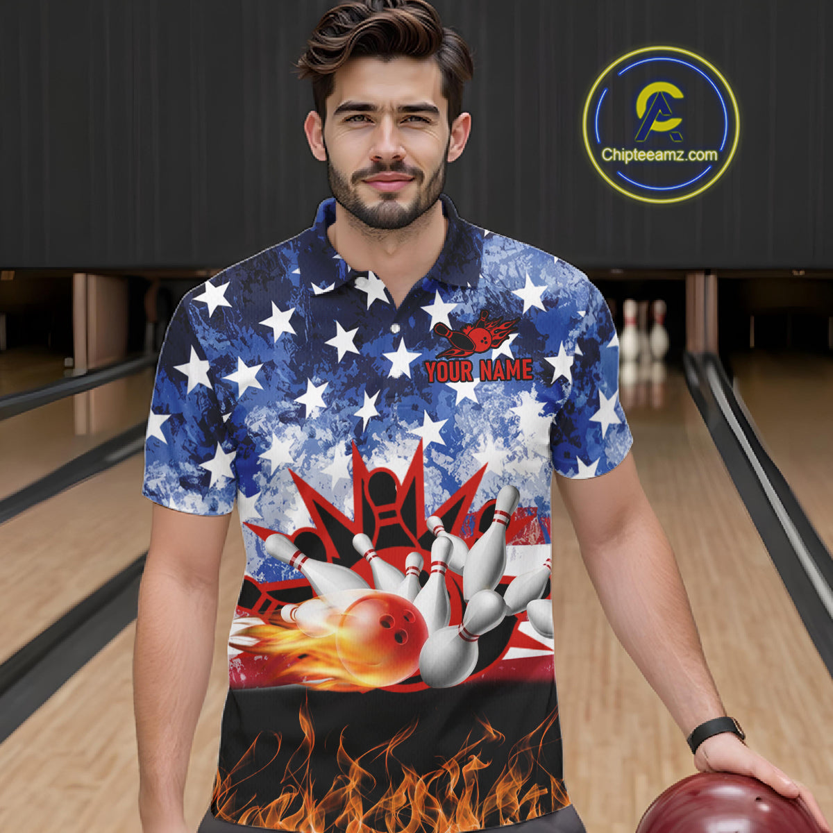 Custom American Flag Flame Bowling Polo, Quarter Zip Shirts For Men, Patriotic Bowling Team Jersey NQS11041