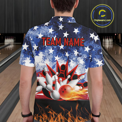 Custom American Flag Flame Bowling Polo, Quarter Zip Shirts For Men, Patriotic Bowling Team Jersey NQS11041
