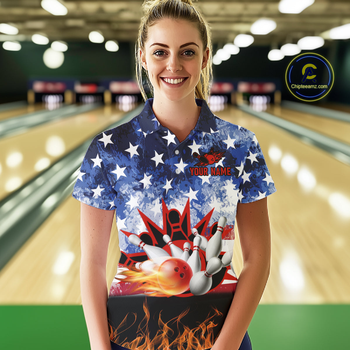 Custom American Flag Flame Bowling Polo, Quarter Zip Shirts For Women, Patriotic Bowling Team Jersey NQS11041