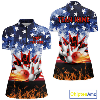 Custom American Flag Flame Bowling Polo, Quarter Zip Shirts For Women, Patriotic Bowling Team Jersey NQS11041