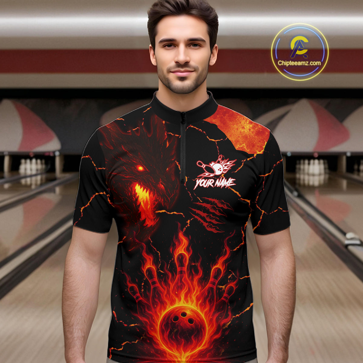 Dragon Flame Bowling Polo, Quarter Zip Shirts For Men Custom Dragon Bowling Team Jerseys NQS11049